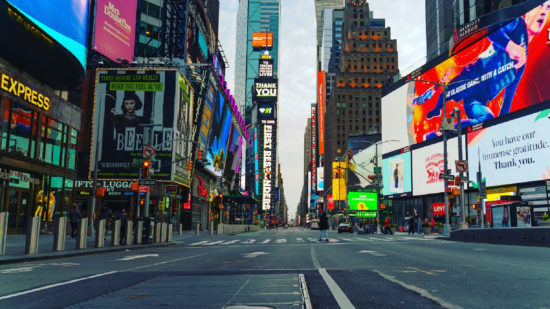 A view of eerily quiet and empty Times Square amid Coronavirus(Covid-19) Pandemic.
