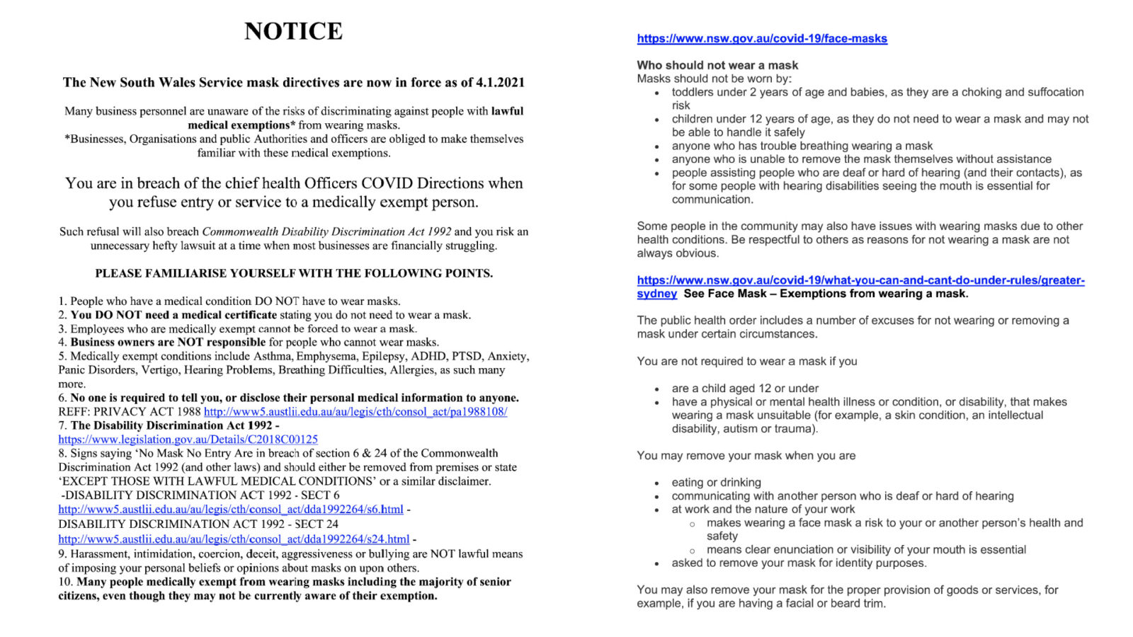 Australia Face Mask Exemptions