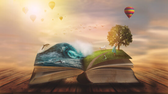 Concept of an open magic book; open pages with water and land and small child. Fantasy, nature or learning concept, with copy space