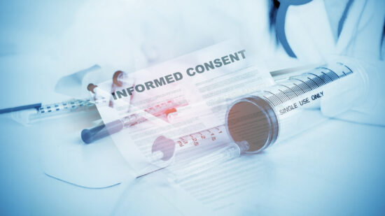 Informed Consent Meaning Double exposure of close up of Doctor with stethoscope, medical research, mixs of medical ampoules and syringe and development concept.(blue tone)
